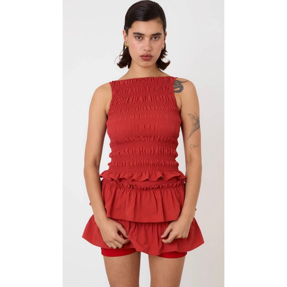 Peachy Den The Deba Ruffle Skort Size Large Tomato Red Feminine Trendy Puff